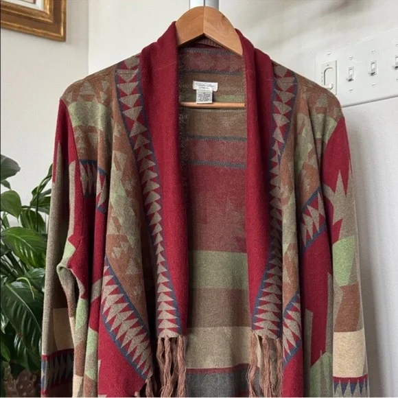 Tasha Polizzi Southwestern Drape Fringe cardigan sweater Sz M Brown Red Open - Picture 3 of 12
